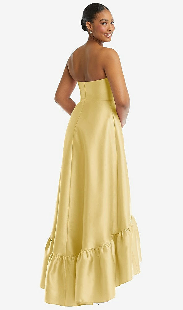 Back View - Maize Strapless Deep Ruffle Hem Satin High Low Dress with Pockets