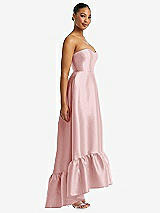 Side View Thumbnail - Ballet Pink Strapless Deep Ruffle Hem Satin High Low Dress with Pockets