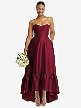 Front View Thumbnail - Burgundy Strapless Deep Ruffle Hem Satin High Low Dress with Pockets