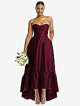 Front View Thumbnail - Cabernet Strapless Deep Ruffle Hem Satin High Low Dress with Pockets