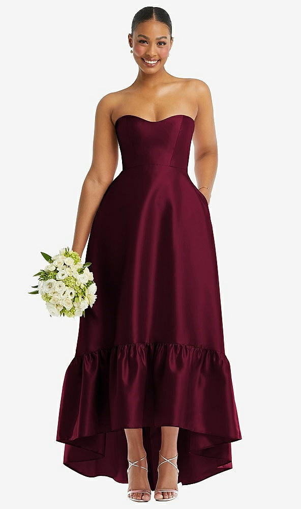 Front View - Cabernet Strapless Deep Ruffle Hem Satin High Low Dress with Pockets