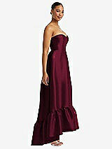 Side View Thumbnail - Cabernet Strapless Deep Ruffle Hem Satin High Low Dress with Pockets