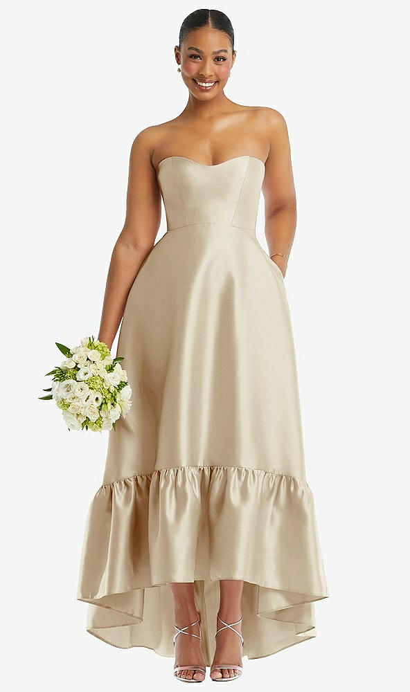 Front View - Champagne Strapless Deep Ruffle Hem Satin High Low Dress with Pockets