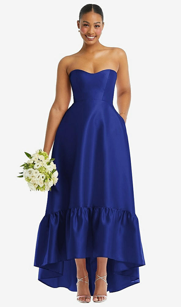 Front View - Cobalt Blue Strapless Deep Ruffle Hem Satin High Low Dress with Pockets