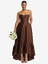 Front View Thumbnail - Cognac Strapless Deep Ruffle Hem Satin High Low Dress with Pockets