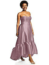 Alt View 2 Thumbnail - Dusty Rose Strapless Deep Ruffle Hem Satin High Low Dress with Pockets