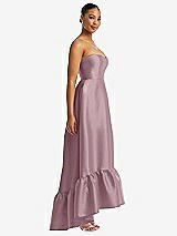 Side View Thumbnail - Dusty Rose Strapless Deep Ruffle Hem Satin High Low Dress with Pockets