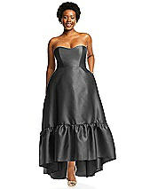 Alt View 1 Thumbnail - Gunmetal Strapless Deep Ruffle Hem Satin High Low Dress with Pockets