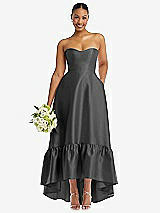 Front View Thumbnail - Gunmetal Strapless Deep Ruffle Hem Satin High Low Dress with Pockets