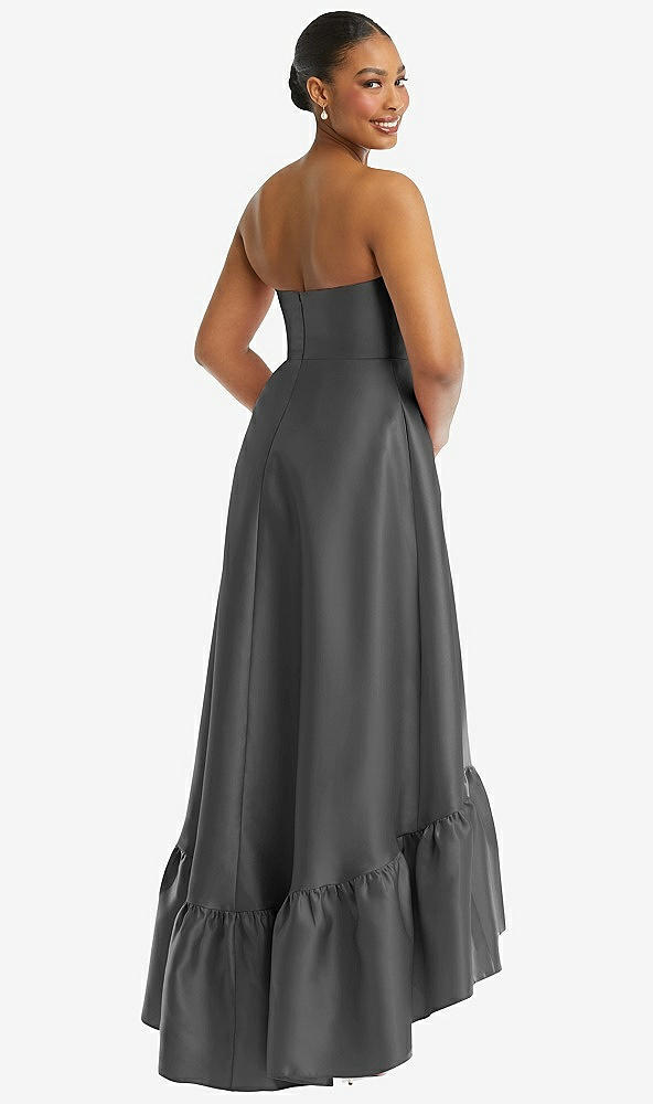 Back View - Gunmetal Strapless Deep Ruffle Hem Satin High Low Dress with Pockets