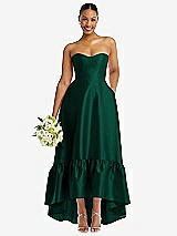 Front View Thumbnail - Hunter Green Strapless Deep Ruffle Hem Satin High Low Dress with Pockets