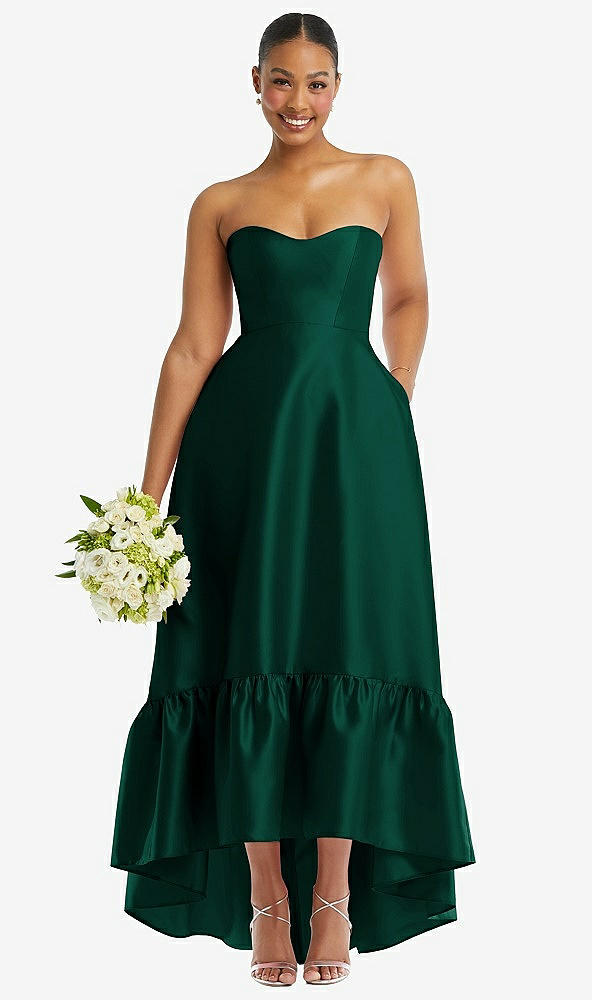 Front View - Hunter Green Strapless Deep Ruffle Hem Satin High Low Dress with Pockets