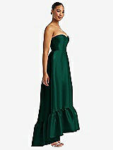 Side View Thumbnail - Hunter Green Strapless Deep Ruffle Hem Satin High Low Dress with Pockets