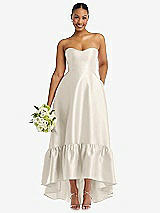 Front View Thumbnail - Ivory Strapless Deep Ruffle Hem Satin High Low Dress with Pockets