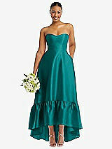 Front View Thumbnail - Jade Strapless Deep Ruffle Hem Satin High Low Dress with Pockets