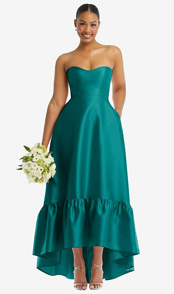 Front View - Jade Strapless Deep Ruffle Hem Satin High Low Dress with Pockets