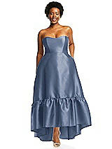 Alt View 1 Thumbnail - Larkspur Blue Strapless Deep Ruffle Hem Satin High Low Dress with Pockets