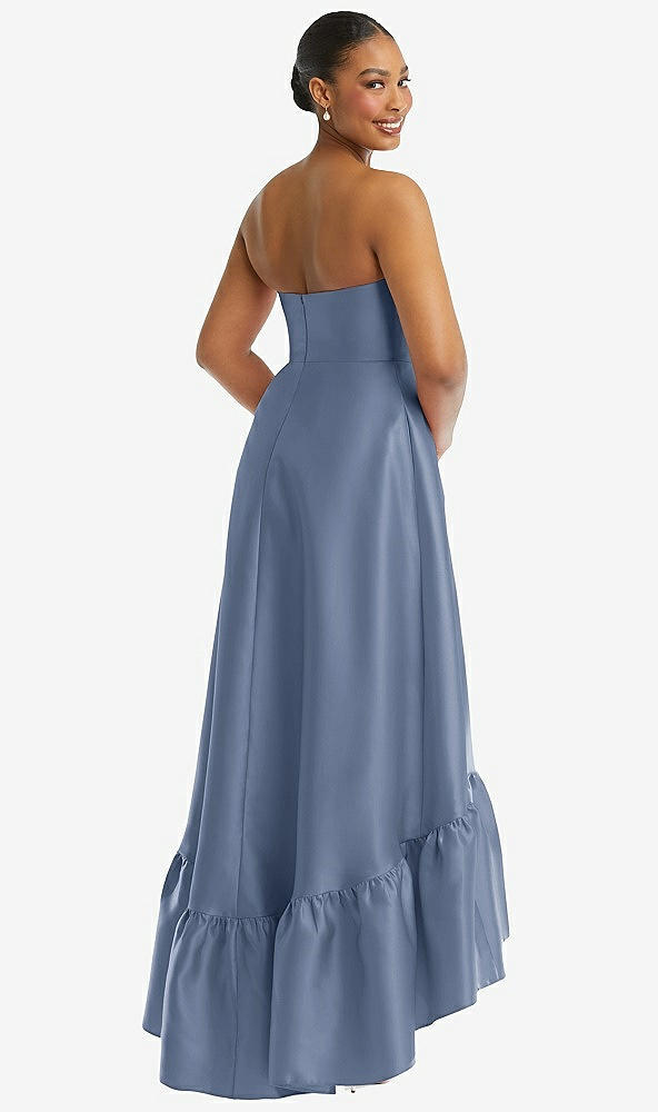 Back View - Larkspur Blue Strapless Deep Ruffle Hem Satin High Low Dress with Pockets