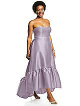 Alt View 2 Thumbnail - Lilac Haze Strapless Deep Ruffle Hem Satin High Low Dress with Pockets