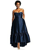 Alt View 1 Thumbnail - Midnight Navy Strapless Deep Ruffle Hem Satin High Low Dress with Pockets