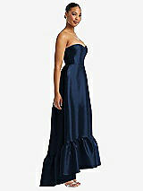 Side View Thumbnail - Midnight Navy Strapless Deep Ruffle Hem Satin High Low Dress with Pockets