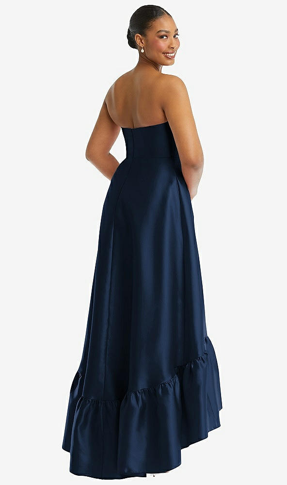 Back View - Midnight Navy Strapless Deep Ruffle Hem Satin High Low Dress with Pockets