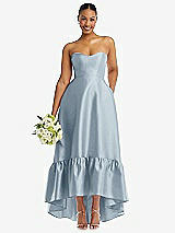 Front View Thumbnail - Mist Strapless Deep Ruffle Hem Satin High Low Dress with Pockets