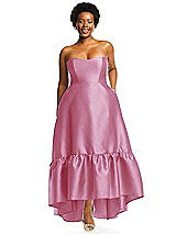 Alt View 1 Thumbnail - Powder Pink Strapless Deep Ruffle Hem Satin High Low Dress with Pockets