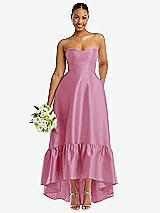 Front View Thumbnail - Powder Pink Strapless Deep Ruffle Hem Satin High Low Dress with Pockets