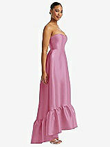 Side View Thumbnail - Powder Pink Strapless Deep Ruffle Hem Satin High Low Dress with Pockets