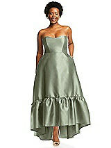 Alt View 1 Thumbnail - Sage Strapless Deep Ruffle Hem Satin High Low Dress with Pockets