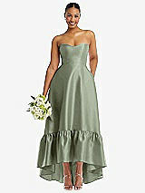 Front View Thumbnail - Sage Strapless Deep Ruffle Hem Satin High Low Dress with Pockets