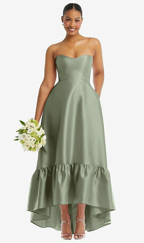 Front View - Sage Strapless Deep Ruffle Hem Satin High Low Dress with Pockets