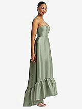 Side View Thumbnail - Sage Strapless Deep Ruffle Hem Satin High Low Dress with Pockets