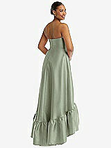 Rear View Thumbnail - Sage Strapless Deep Ruffle Hem Satin High Low Dress with Pockets