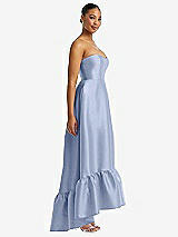 Side View Thumbnail - Sky Blue Strapless Deep Ruffle Hem Satin High Low Dress with Pockets