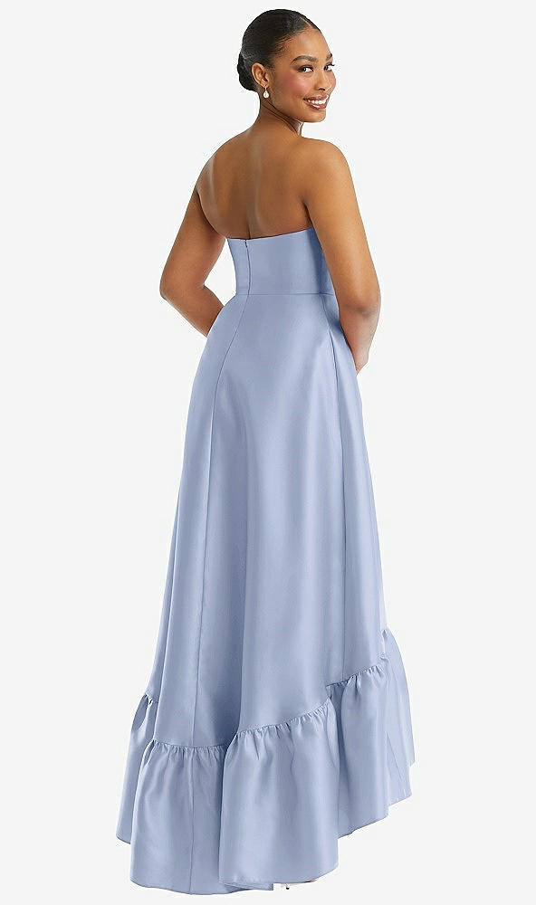 Back View - Sky Blue Strapless Deep Ruffle Hem Satin High Low Dress with Pockets