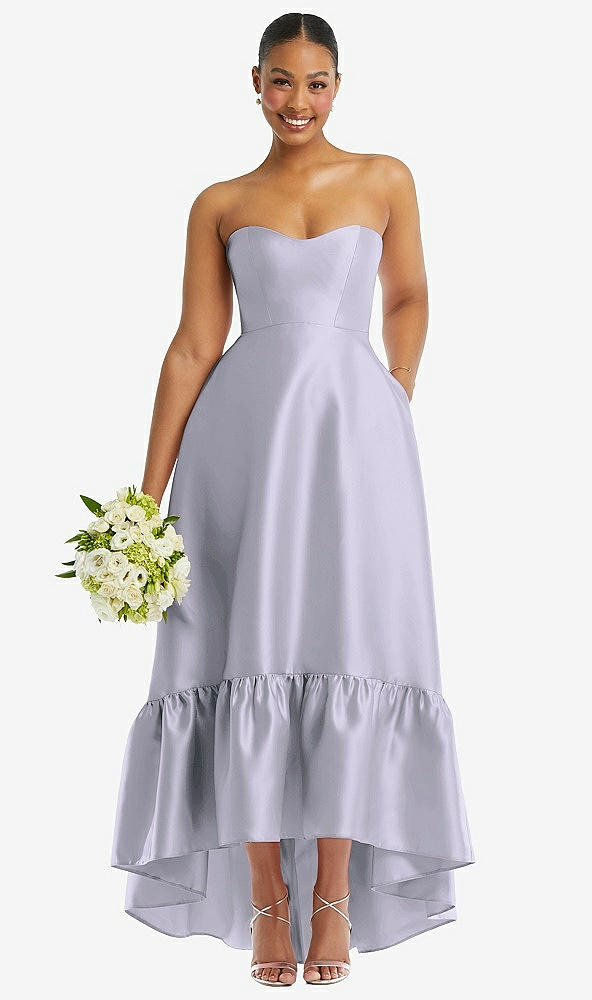 Front View - Silver Dove Strapless Deep Ruffle Hem Satin High Low Dress with Pockets