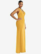 Side View Thumbnail - NYC Yellow Plunge Neck Halter Backless Trumpet Gown with Front Slit