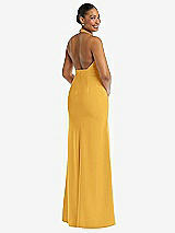 Rear View Thumbnail - NYC Yellow Plunge Neck Halter Backless Trumpet Gown with Front Slit