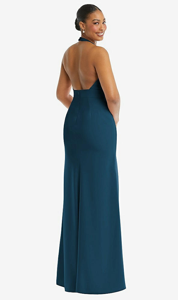 Back View - Atlantic Blue Plunge Neck Halter Backless Trumpet Gown with Front Slit