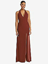 Front View Thumbnail - Auburn Moon Plunge Neck Halter Backless Trumpet Gown with Front Slit