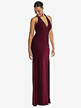 Alt View 1 Thumbnail - Cabernet Plunge Neck Halter Backless Trumpet Gown with Front Slit