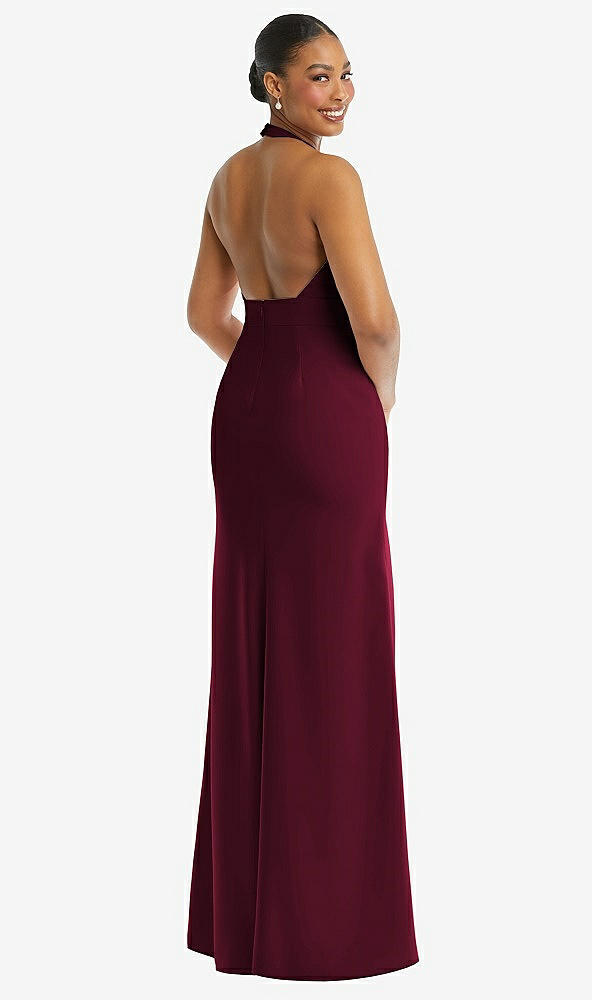 Back View - Cabernet Plunge Neck Halter Backless Trumpet Gown with Front Slit