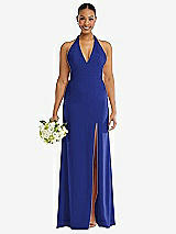 Alt View 2 Thumbnail - Cobalt Blue Plunge Neck Halter Backless Trumpet Gown with Front Slit