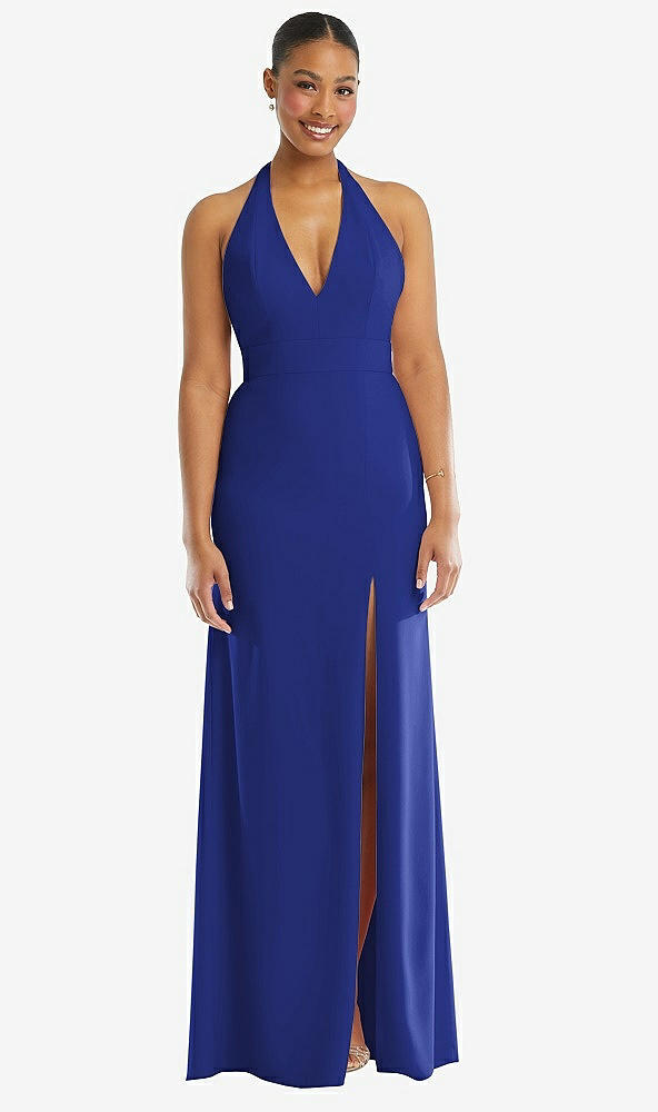 Front View - Cobalt Blue Plunge Neck Halter Backless Trumpet Gown with Front Slit