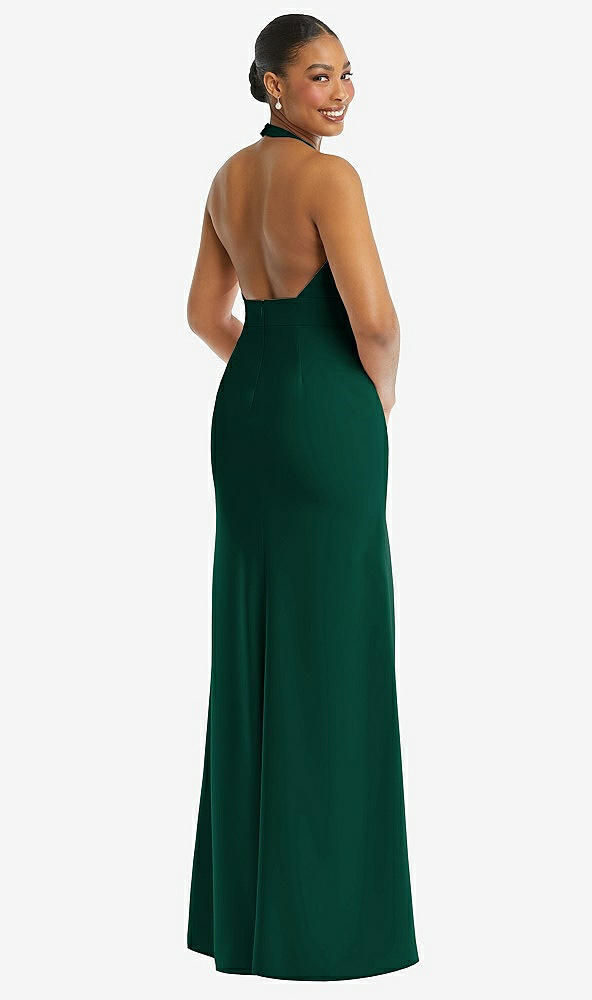 Back View - Hunter Green Plunge Neck Halter Backless Trumpet Gown with Front Slit