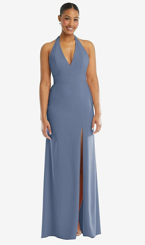 Front View - Larkspur Blue Plunge Neck Halter Backless Trumpet Gown with Front Slit