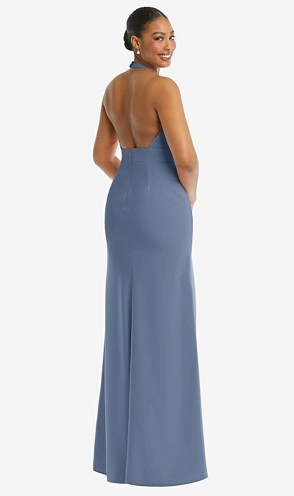 Back View - Larkspur Blue Plunge Neck Halter Backless Trumpet Gown with Front Slit