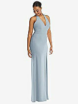 Alt View 1 Thumbnail - Mist Plunge Neck Halter Backless Trumpet Gown with Front Slit